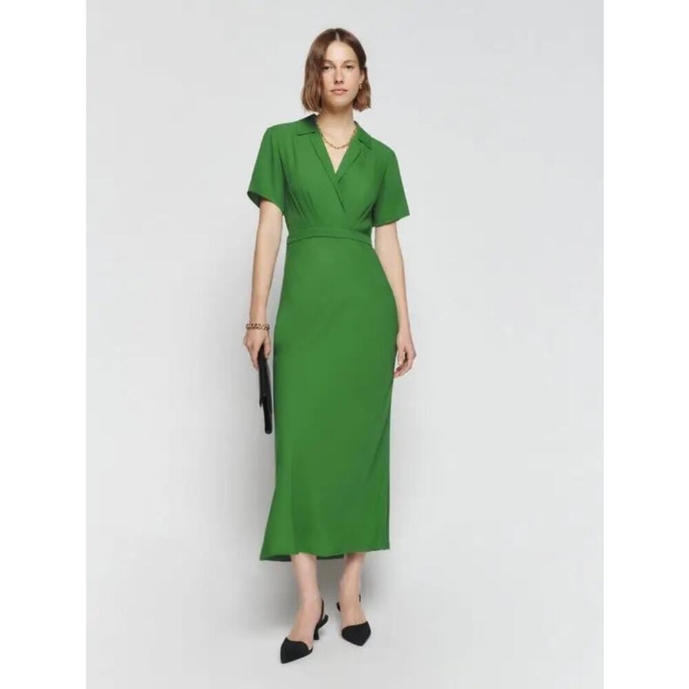 REFORMATION Green Satin Blend Short Sleeve V-Neck Danika A-Line Dress Size M